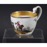 MEISSEN COFFEE CUP, circa 1820, with a swan head handle, painted with a scene of horseman before