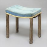 GEORGE VI CORONATION STOOL with limed oak legs and velvet covered dish top seat. Stamped underneath,