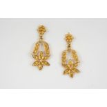 A PAIR OF GOLD DROP EARRINGS of openwork foliate form, with hook fittings, 4.5cm. long, 11 grams.