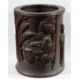 CHINESE CARVED BAMBOO BRUSH POT, BITONG, 19th century, carved with a maiden by a screen, dragon by a