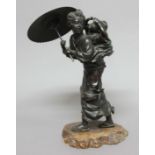 JAPANESE BRONZE GROUP, Meiji, a young lady carrying a child on her back and a parasol, three