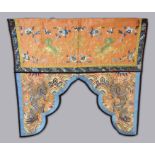 CHINESE SILK WALL HANGING OR DOOR SURROUND, 19th century, the upper panel worked in gilt thread with