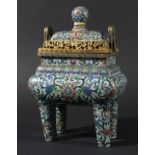 CHINESE CLOISONNE AND GILT METAL MOUNTED CENSER AND COVER, probably 19th century but possibly