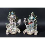 PAIR OF DERBY STYLE MUSICIAN CANDLESTICKS, late 19th century, possibly Samson, he with bagpipes