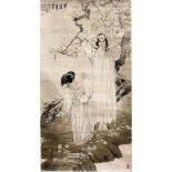 AFTER HE JIAYING, Two young ladies in diaphanous gowns before a flowering prunus tree, a printed