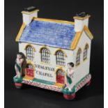 PEARLWARE WESLEYAN CHAPEL MONEY BOX, mid 19th century, titled beneath the three gothic, arched