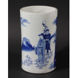 CHINESE BLUE AND WHITE BRUSH POT, BITONG, painted with three travellers beside a cloudy mountain,