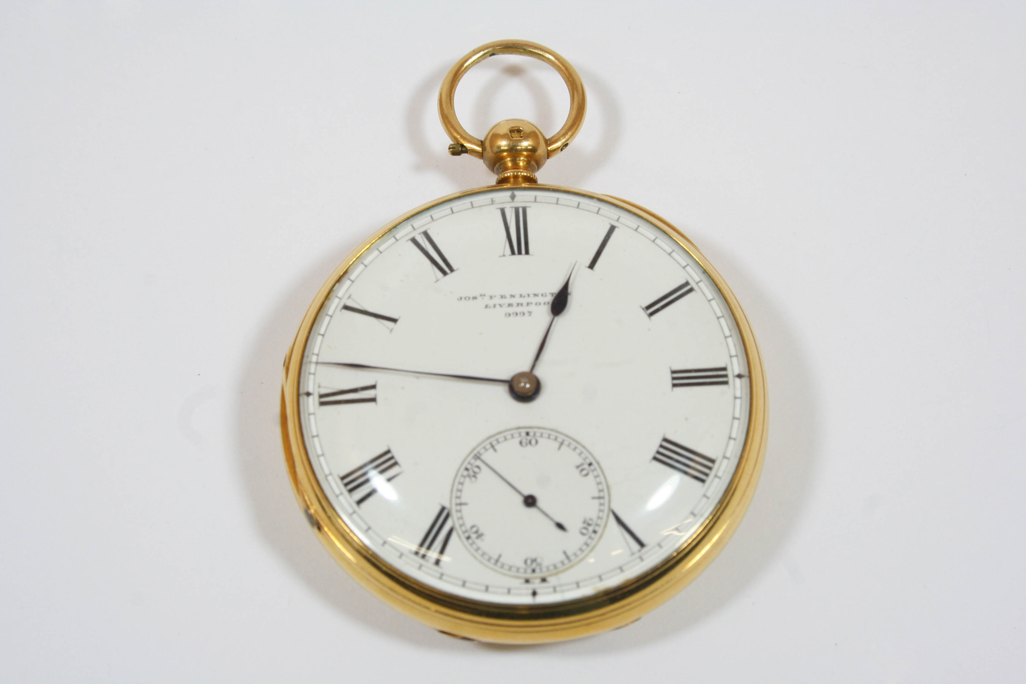 AN 18CT. GOLD OPEN FACED POCKET WATCH BY JOSEPH PENNLINGTON, LIVERPOOL the signed white enamel