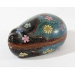 CHINESE CLOISONNE BOX AND COVER, possibly Qianlong, in the form of an aubergine, with scrolling,