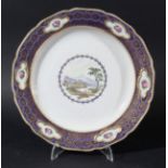 DERBY PLATE, late 18th century, by Zachariah Boreman, painted with a central landscape inside a blue