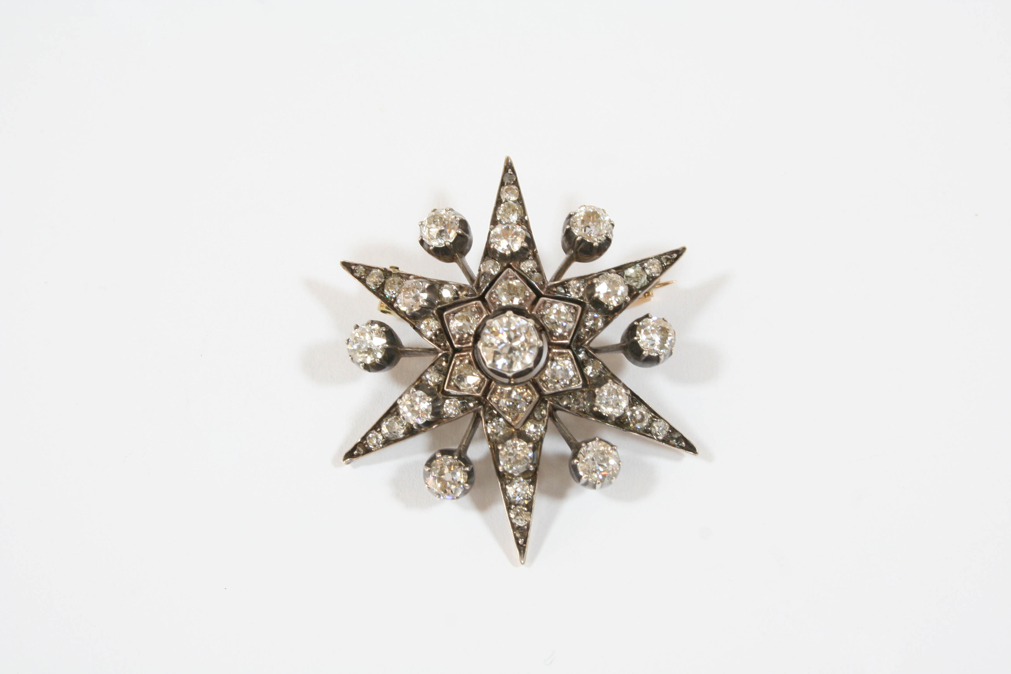 A VICTORIAN DIAMOND STARBURST BROOCH set overall with graduated old brilliant-cut diamonds, in