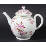 WORCESTER TEAPOT AND COVER, circa 1770, painted with scattered floral sprays in puce and brown