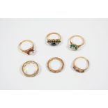 SIX ASSORTED 9CT. GOLD AND GEM SET RINGS total weight 17.4 grams.