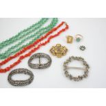 A QUANTITY OF JEWELLERY including a pair of oval-shaped steel buckles, a coral necklace, a citrine