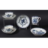 TWO WORCESTER TEA BOWLS AND SAUCERS, circa 1770, blue printed in the Fruit and Wreath pattern,