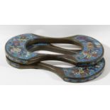 PAIR OF CHINESE CLOISONNE STIRRUPS, 18th or 19th century, with two panels of vases, books and