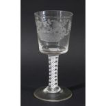 LARGE WINE GLASS, circa 1760, the bucket bowl engraved with a basket of flowers and a moth on a