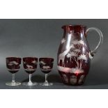 ROWLAND WARD EWER AND GLASS SET, red cut through to clear with various African safari animals,