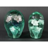 GREEN GLASS DUMP OR ORNAMENT, possibly Kilner, with three red, white and blue flowers from a vase,