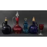 COLLECTION OF COLOURED GLASSWARE, mainly Victorian, to include 'Bristol' blue decanters, cranberry