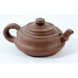 CHINESE YIXING BROWN STONEWARE TEAPOT AND COVER, of banded, squat ovoid form, seal marks, length