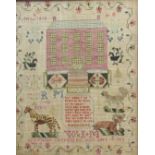 GEORGE III SAMPLER, by Ann Maltby, dated April 14th 1818, worked with a verse beneath a house,