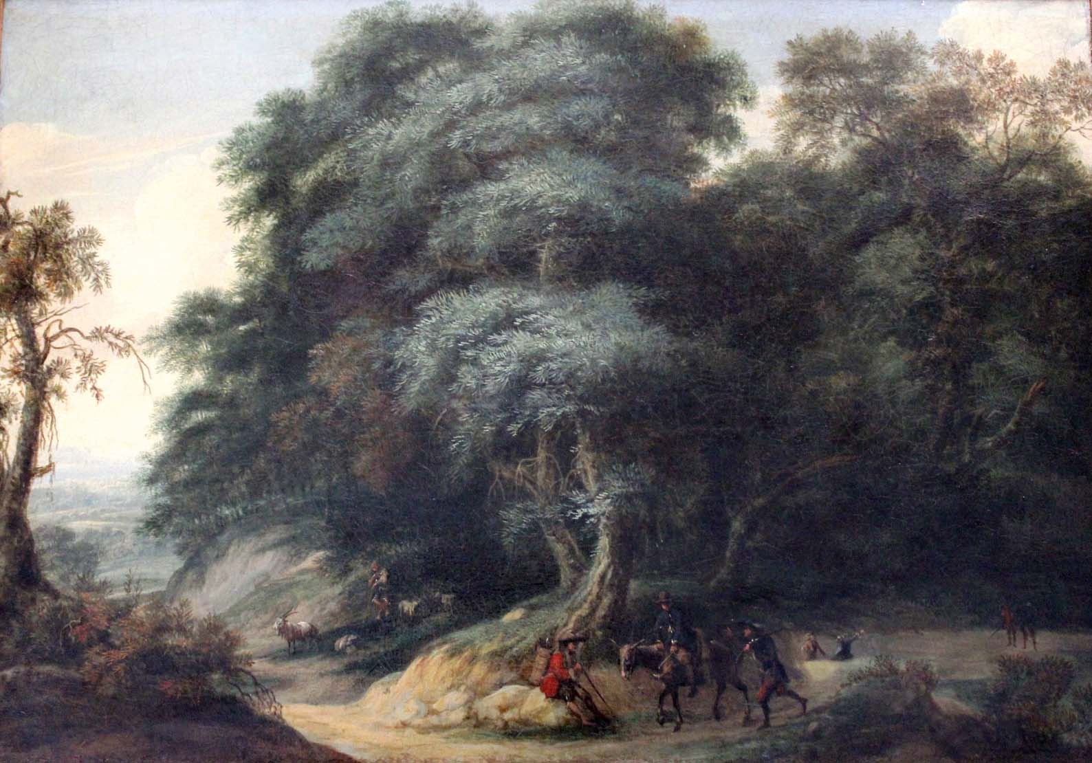 FOLLOWER OF FREDERICK DE MOUCHERON (1633-1686) WOODED LANDSCAPE WITH SPORTSMEN AND A SHEPHERD Oil on