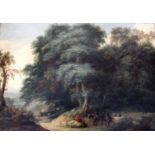 FOLLOWER OF FREDERICK DE MOUCHERON (1633-1686) WOODED LANDSCAPE WITH SPORTSMEN AND A SHEPHERD Oil on