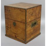BURR OAK DECANTER BOX, mid 19th century, retailers plaque for Vincent, Weymouth, with four