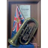 •JOHN FLINT (Contemporary) EXCELSIOR: TROMPE L'OEIL OF BARITONE HORN, A FLAG AND SHEET MUSIC IN A