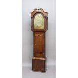 OAK LONGCASE CLOCK, 18th century, the 11 1/2" brass dial with subsidiary seconds dial and date