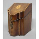 GEORGE III MAHOGANY AND INLAID SERPENTINE KNIFE BOX, in the Sheraton style, the cover inlaid with