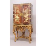 18TH CENTURY STYLE CHINOISERIE LACQUER CABINET ON OPENWORK STAND, the cabinet with a pair of doors