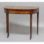 GEORGE III ROSEWOOD AND SATINWOOD BANDED, BOW FRONTED FOLD OUT CARD TABLE, the frieze with shaped,