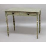 VICTORIAN PINE SIDE TABLE, green-painted with bamboo effect legs, height 80cm, width 98cm, depth