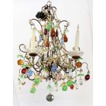 PAIR OF VENETIAN GILT METAL AND COLOURED GLASS FOUR LIGHT CHANDELIERS, the scrolling frame with