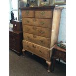 QUEEN ANNE STYLE WALNUT CHEST ON STAND, with two short and three graduated long drawers