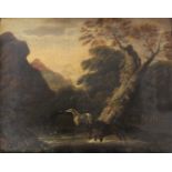 FOLLOWER OF SAWREY GILPIN, RA (1733-1807) HORSES AT A COUNTRY POOL Oil on canvas 33 x 42cm. ++ Small