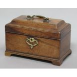 GEORGE III MAHOGANY TEA CADDY, of sarcophagus form with two division interior, height 15cm, length