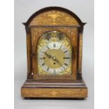 VICTORIAN ROSEWOOD AND INLAID BRACKET CLOCK AND BRACKET, the gilt brass dial with 7 1/2" silvered