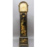 CHINOISERIE LONGCASE CLOCK, the gilt dial with scrolling floral decoration and a 7 1/2" silvered