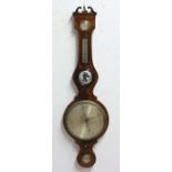REGENCY MAHOGANY AND LINE INLAID WHEEL BAROMETER, the hygrometer above a thermometer, mirror and