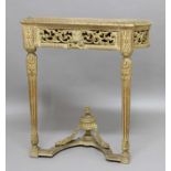 LIMED OAK CONSOLE TABLE, with egg and dart moulded rim, tapering legs and swagged urn finial to