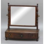 GEORGE III MAHOGANY BOW-FRONTED TOILET MIRROR, on turned supports, the base with three drawers,