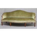 GEORGE III STYLE MAHOGANY SOFA, the camel back above scrolled arms, serpentine seat and moulded