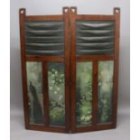 ARTS AND CRAFTS WALNUT TWO FOLD SCREEN, each fold with oil painted panels in the style of Henry