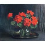 •FREDERICK WILLIAM ELWELL, RA (1870-1958) GERANIUMS Signed, oil on canvas 49 x 59.5cm. Exhibited: