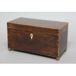GEORGE III MAHOGANY TEA CADDY, of rectangular form, the interior with twin lidded compartments and