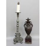 17TH CENTURY STYLE PEWTER CANDLESTICK, converted to a lamp base, height 52cm; together with a