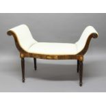 REGENCY WINDOW SEAT, the scrolled arms above a bow fronted seat, the rail with inlaid paterae,